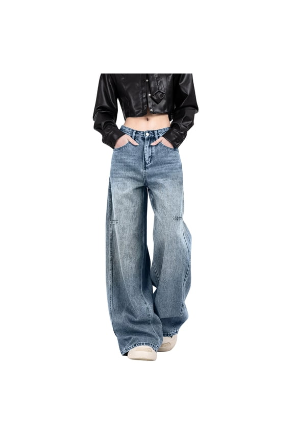 Womens Paneled Wide Leg Jeans High Waisted Daily Casual Denim Pants Light Blue S