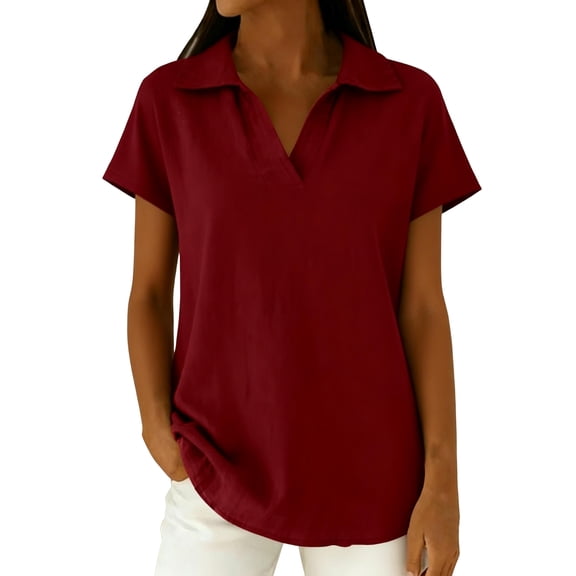 LWavelet Womens Plus Size Collar Short Sleeve Polo Top Summer Versatile Daily Casual Comfortable Blouse Wine M
