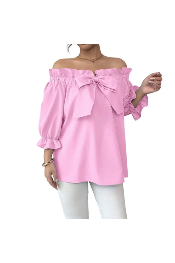Womens Plus Size Off Shoulder 3/4 Sleeve Top Bow Detail Summer Holiday Trendy Daily Casual Blouse Pink S