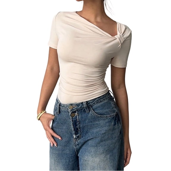 LWavelet Womens Plus Size One Shoulder Short Sleeve Top Twist Fitted Summer Daily Casual Comfortable Blouse Beige M