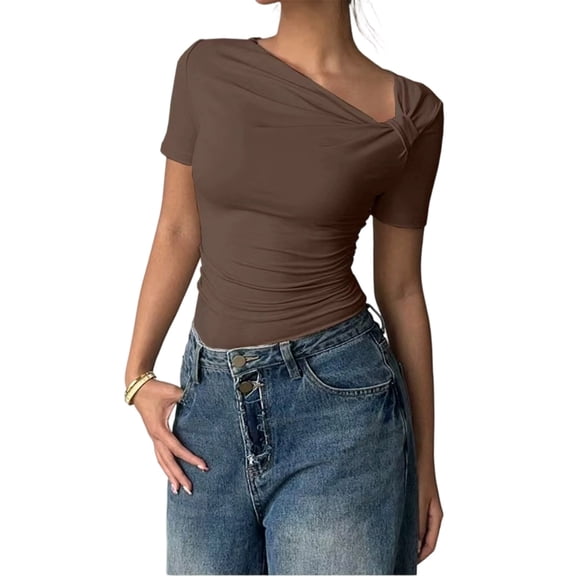 LWavelet Womens Plus Size One Shoulder Short Sleeve Top Twist Fitted Summer Daily Casual Comfortable Blouse Brown L