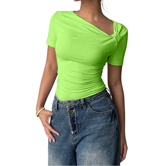 LWavelet Womens Plus Size One Shoulder Short Sleeve Top Twist Fitted Summer Daily Casual Comfortable Blouse Green 2XL