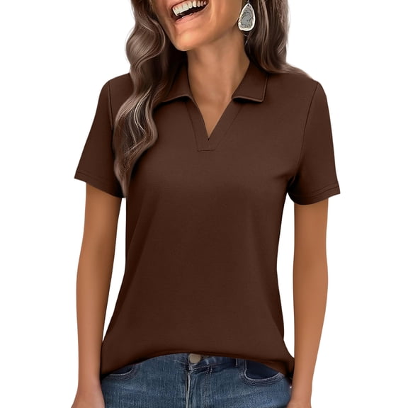 LWavelet Womens Plus Size Polo Top Short Sleeve Summer Trendy Versatile Daily Casual Blouse Coffee XL