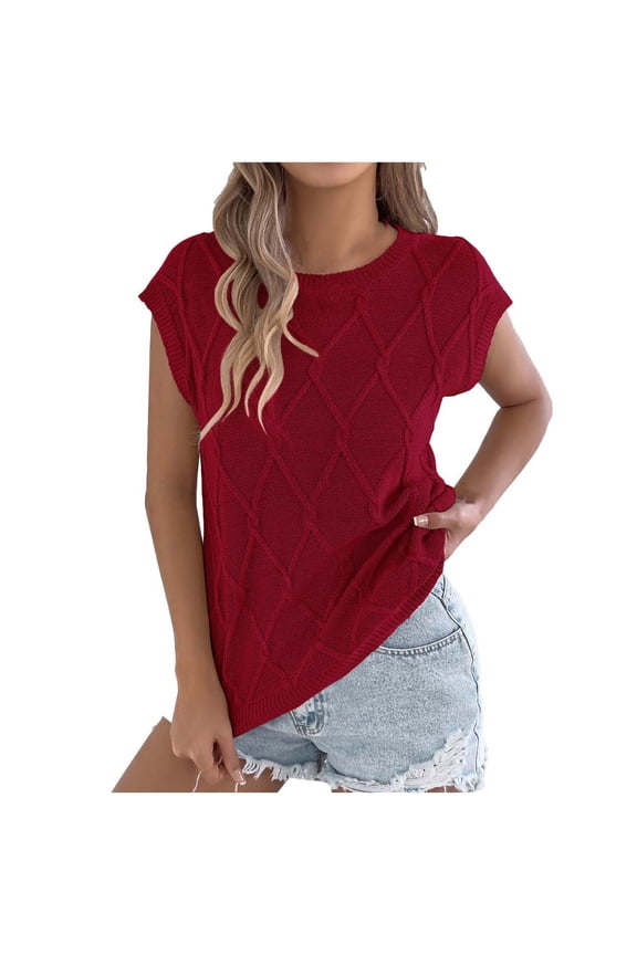 Womens Plus Size Sleeveless Knit Top Argyle Pattern Summer Daily Casual Comfortable Versatile Blouse Red L