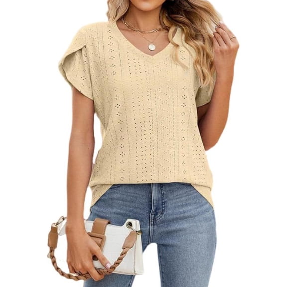 LWavelet Womens Plus Size V Neck Short Sleeve Top Eyelet Flutter Sleeve Summer Trendy Daily Casual Versatile Blouse Yellow 2XL