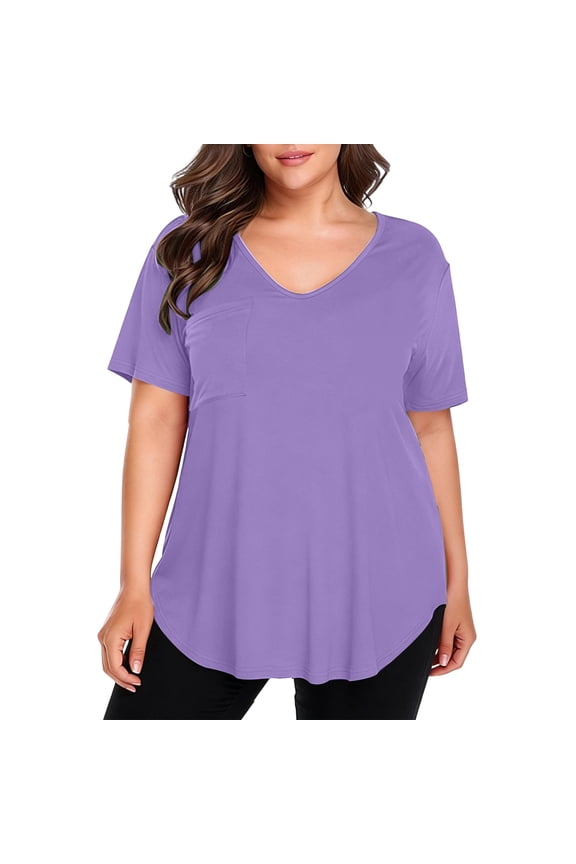 Womens Plus Size V Neck Short Sleeve Top Pocket Summer Comfortable Daily Casual Loose Fit Blouse Purple L