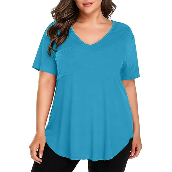 LWavelet Womens Plus Size V Neck Short Sleeve Top Pocket Summer Comfortable Daily Casual Loose Fit Blouse Sky Blue 2XL