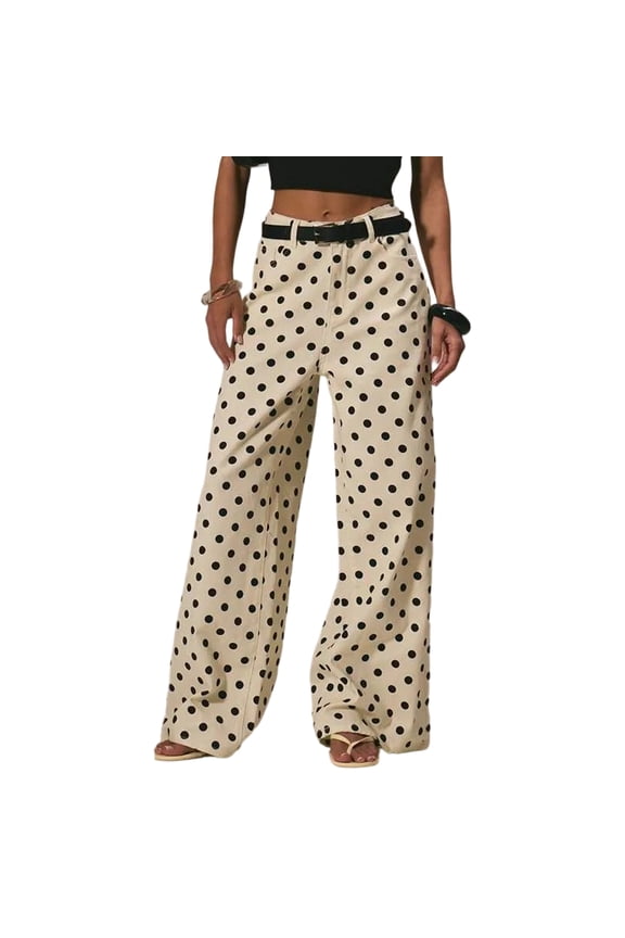 Womens Polka Dot Wide Leg Pants High Waisted Belted Daily Casual Pants Beige M