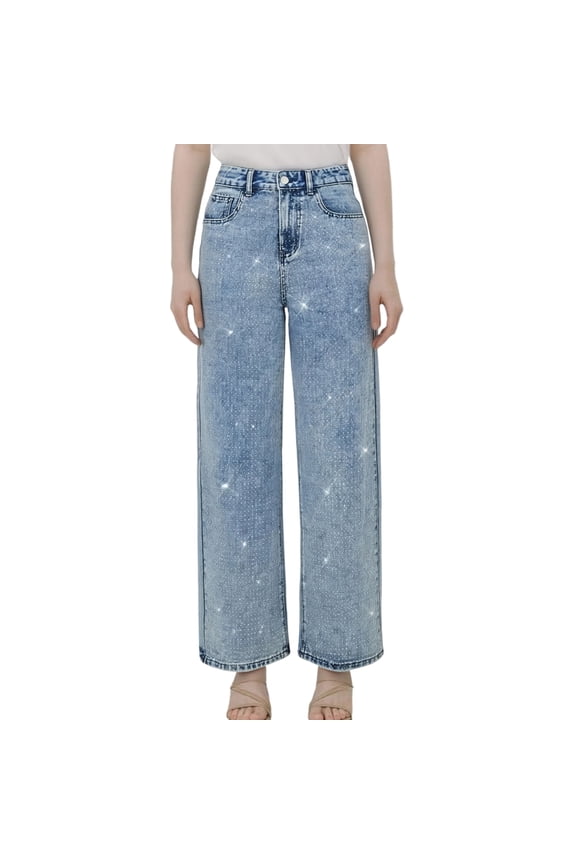 Womens Rhinestone Decor Wide Leg Jeans High Waisted Daily Casual Denim Pants Sky Blue L