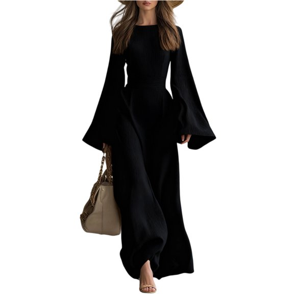 LWavelet Womens Ribbed Waist Bell Sleeve Maxi Dress Daily Casual Formal Dress Black S