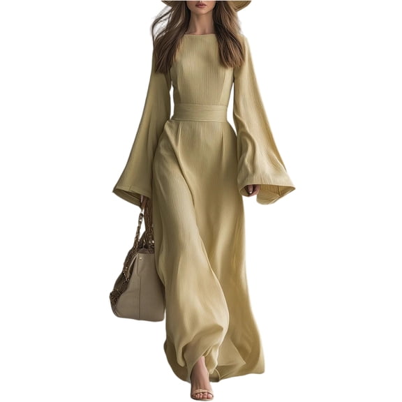 LWavelet Womens Ribbed Waist Bell Sleeve Maxi Dress Daily Casual Formal Dress Khaki 2XL