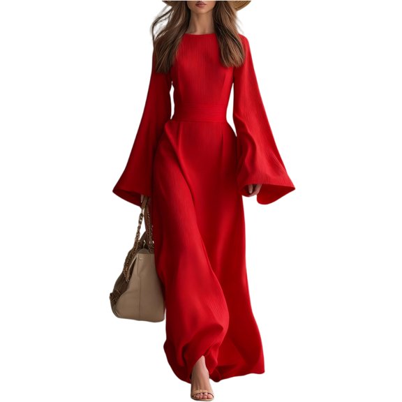 LWavelet Womens Ribbed Waist Bell Sleeve Maxi Dress Daily Casual Formal Dress Wine 2XL