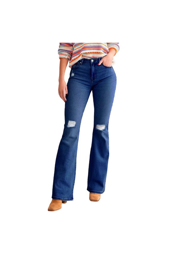 Womens Ripped Flared Jeans High Waisted Daily Casual Denim Pants Dark Blue 2XL