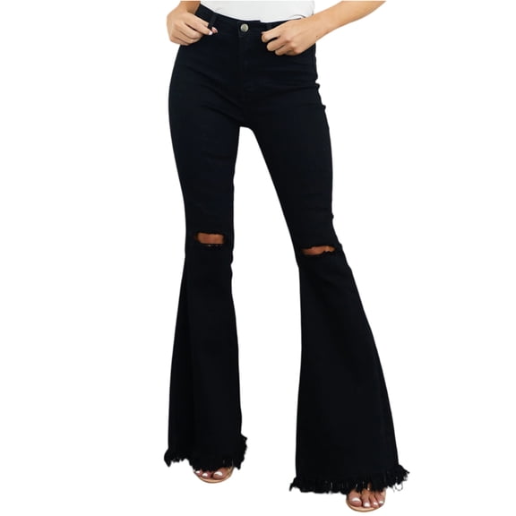 LWavelet Womens Ripped Frayed Hem Flared Jeans High Waisted Daily Casual Denim Pants Black L
