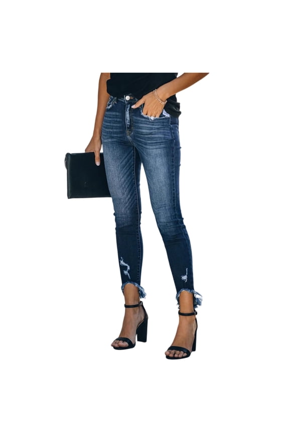 Womens Ripped Frayed Hem Skinny Cropped Jeans High Waisted Daily Casual Denim Pants Blue S