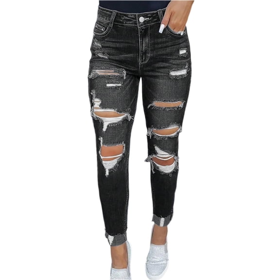 LWavelet Womens Ripped Skinny Jeans Cuffed Hem Daily Casual Denim Pants Black M