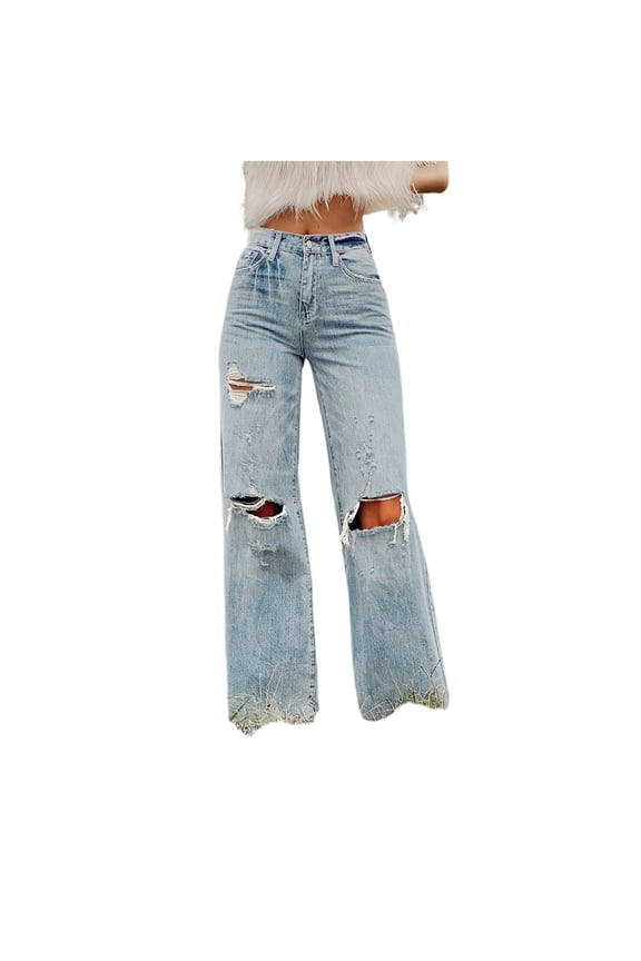 Womens Ripped Wide Leg Jeans Frayed Hem High Waisted Daily Casual Denim Pants Blue S