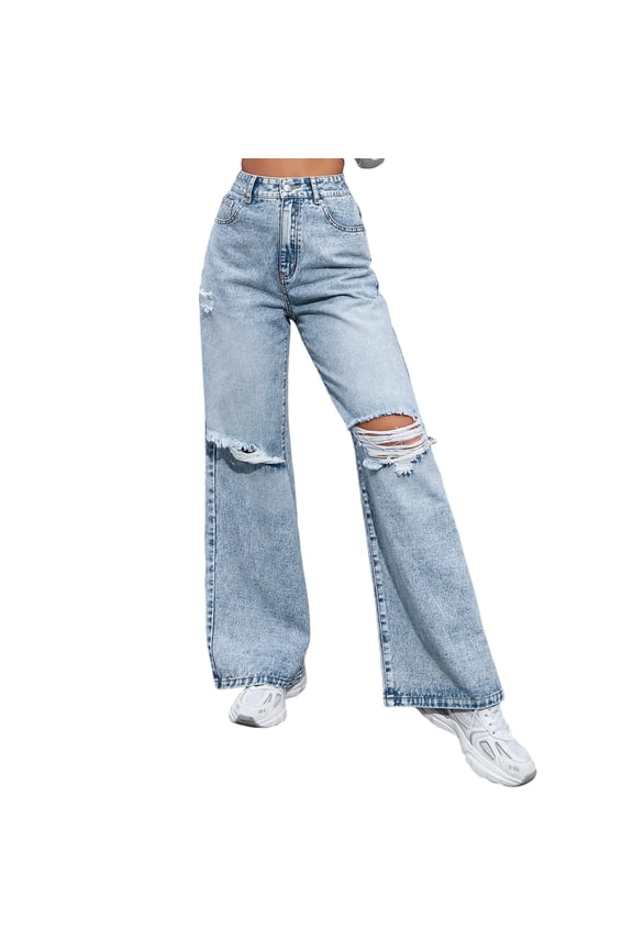 Womens Ripped Wide Leg Jeans High Waisted Daily Casual Denim Pants Blue L