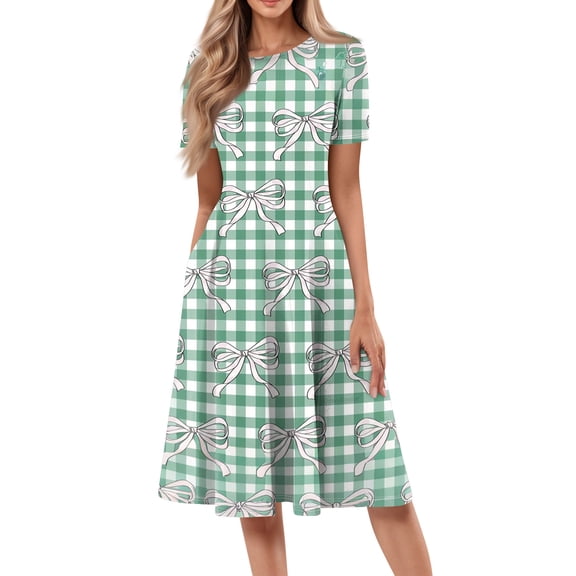 LWavelet Womens Short Sleeve Crew Neck Printed Midi Dress Pocket Daily Casual Comfortable Dress Mint Green 2XL