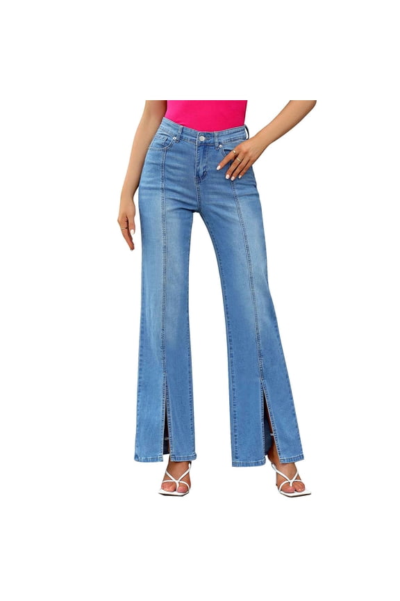 Womens Side Slit Flared Jeans High Waisted Daily Casual Denim Pants Blue L
