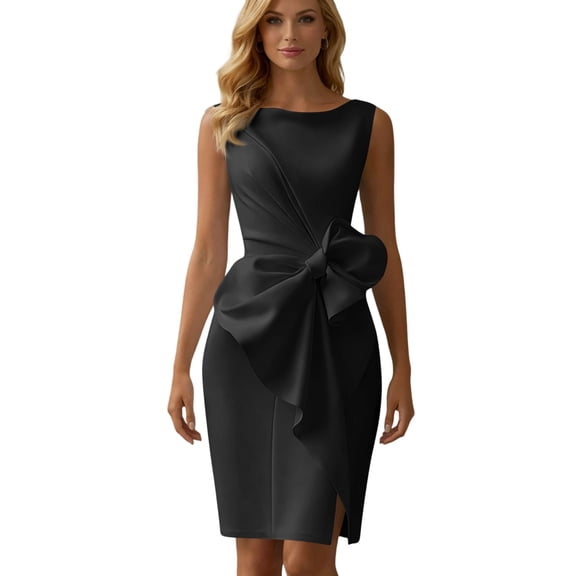 LWavelet Womens Sleeveless Satin Midi Dress Bow Detail Split Hem Summer Party Formal Dress Black XL