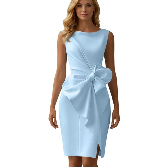 LWavelet Womens Sleeveless Satin Midi Dress Bow Detail Split Hem Summer Party Formal Dress Sky Blue XL