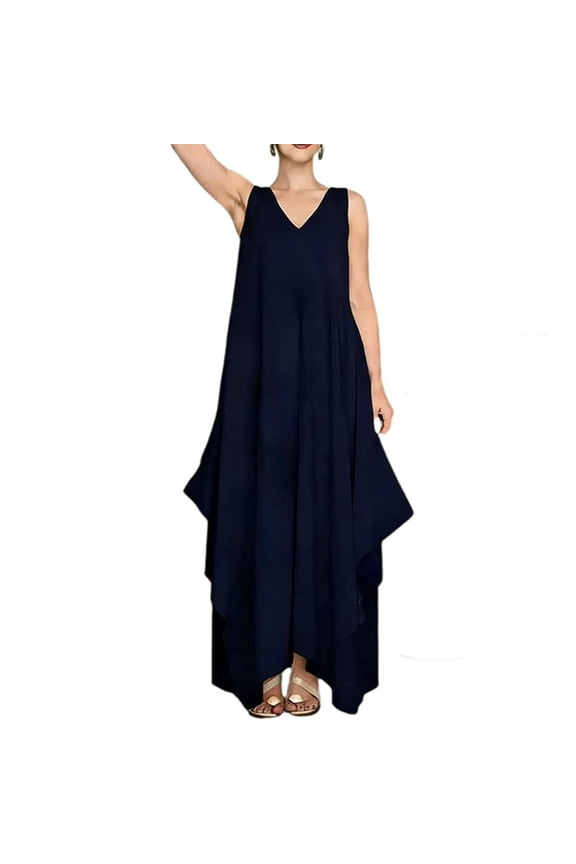 Womens Sleeveless V Neck Asymmetrical Maxi Dress Daily Casual Dress Black 2XL
