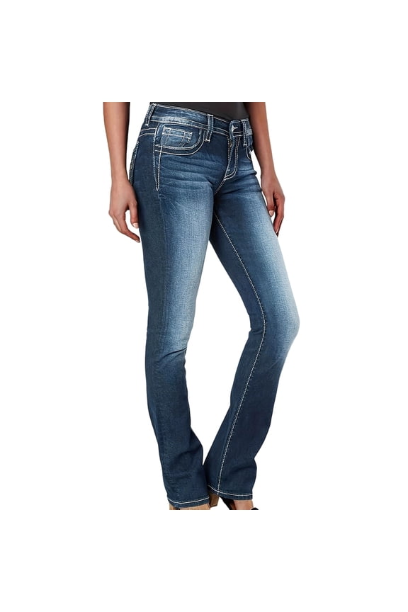 Womens Slim Fit Bootcut Jeans Decorative Stitching High Waisted Daily Casual Denim Pants Blue XL