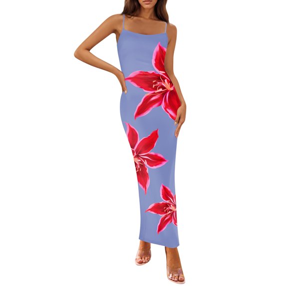 LWavelet Womens Spaghetti Strap Floral Print Bodycon Maxi Dress Daily Party Formal Dress Blue M