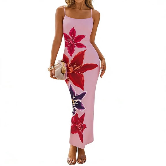 LWavelet Womens Spaghetti Strap Floral Print Bodycon Maxi Dress Daily Party Formal Dress Pink M