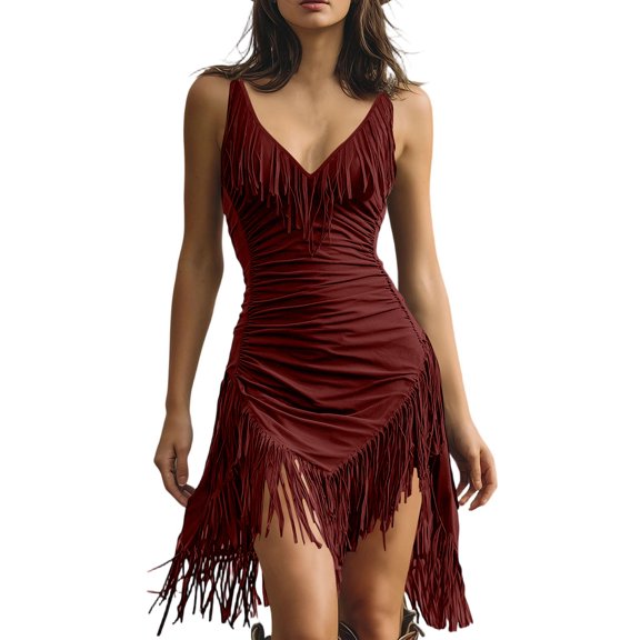 LWavelet Womens Spaghetti Strap Fringe Ruched Mini Dress Western Style Party Daily Dress Wine M
