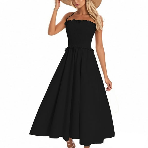 LWavelet Womens Spaghetti Strap Smocked Waist Midi Dress Summer Vacation Daily Casual Dress Black XL