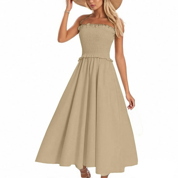 LWavelet Womens Spaghetti Strap Smocked Waist Midi Dress Summer Vacation Daily Casual Dress Khaki 2XL