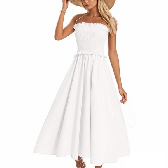 LWavelet Womens Spaghetti Strap Smocked Waist Midi Dress Summer Vacation Daily Casual Dress White XL