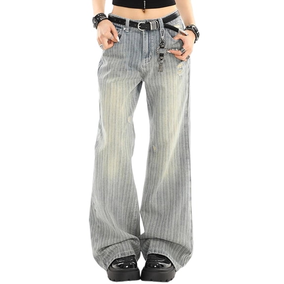 LWavelet Womens Striped Ripped Wide Leg Jeans High Waisted Daily Casual Denim Pants Light Blue L