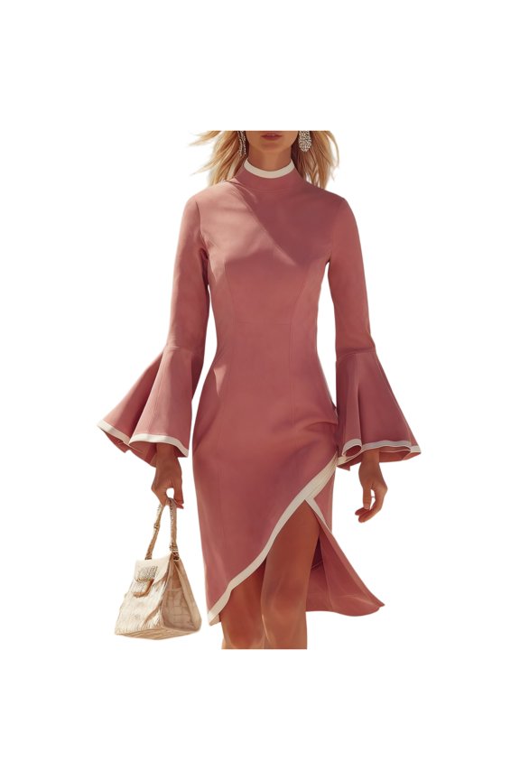 Womens Suede Contrast Trim Bell Sleeve Split Hem Mini Dress Daily Formal Dress Pink 2XL