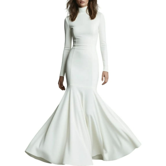 LWavelet Womens Turtleneck Long Sleeve Mermaid Maxi Dress Formal Evening Party Dress White XL