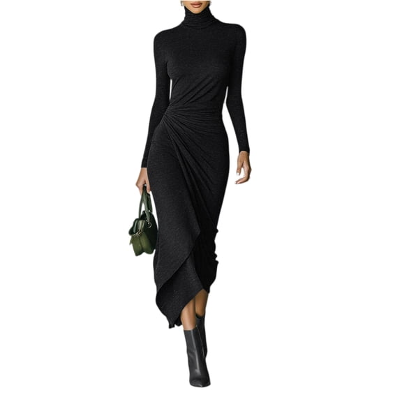 LWavelet Womens Turtleneck Long Sleeve Ruched Asymmetrical Midi Dress Formal Daily Dress Black 2XL