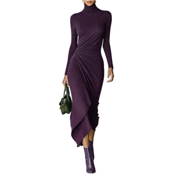 LWavelet Womens Turtleneck Long Sleeve Ruched Asymmetrical Midi Dress Formal Daily Dress Purple L