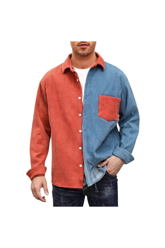 Men's Corduroy Long Sleeve Button Down Shirt, Color Block Design with Chest Pocket, Retro Style for Casual Layering & Outdoor Use Red M