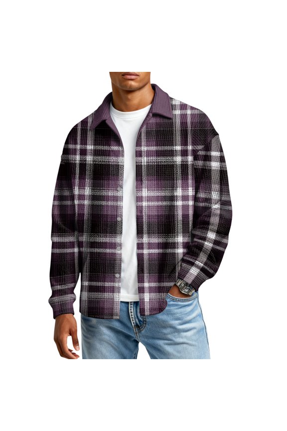 Men's Long Sleeve Button Down Shirt, Gingham Regular Fit Collared Top, Soft Material Shirt, Perfect for Daily Use & Office Wear Dark Purple S