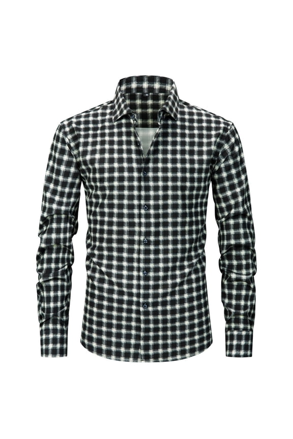 Men's Long Sleeve Button Down Shirt, Gingham Textured Collared Top, Regular Fit Breathable Shirt, Versatile for Office & Date Night Black S