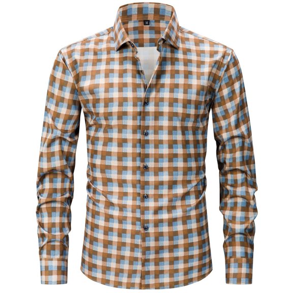 LWaveletMen's Long Sleeve Button Down Shirt, Gingham Textured Collared Top, Regular Fit Breathable Shirt, Versatile for Office & Date Night Khaki XL