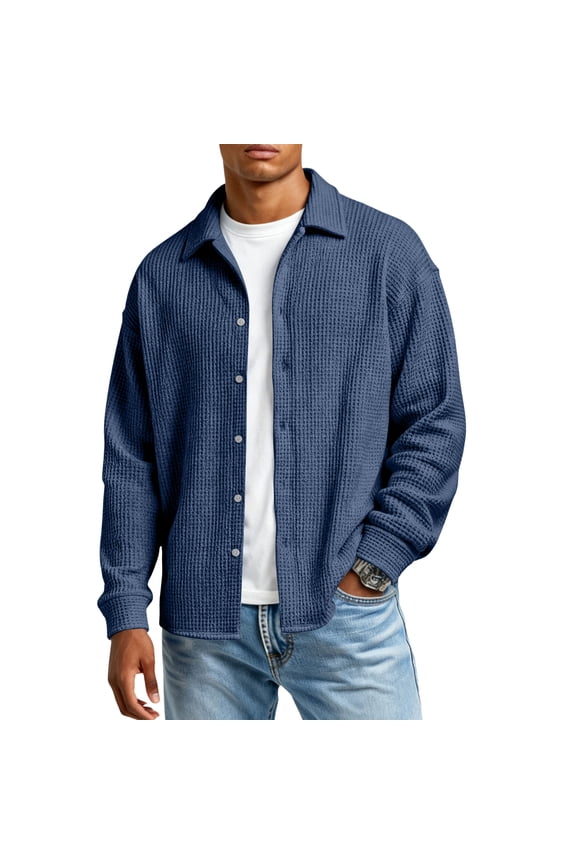 Men's Long Sleeve Button Down Shirt, Solid Classic Collared Top, Slim Fit Breathable Shirt, Ideal for Office & Semi-Formal Events Navy 2XL