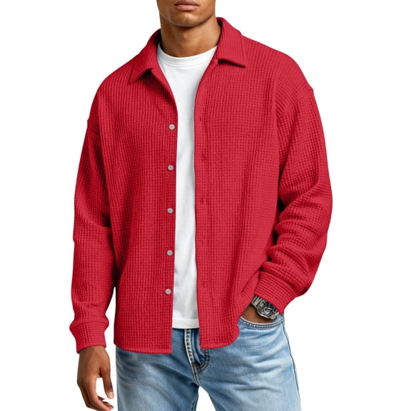 LWaveletMen's Long Sleeve Button Down Shirt, Solid Classic Collared Top, Slim Fit Breathable Shirt, Ideal for Office & Semi-Formal Events Red L