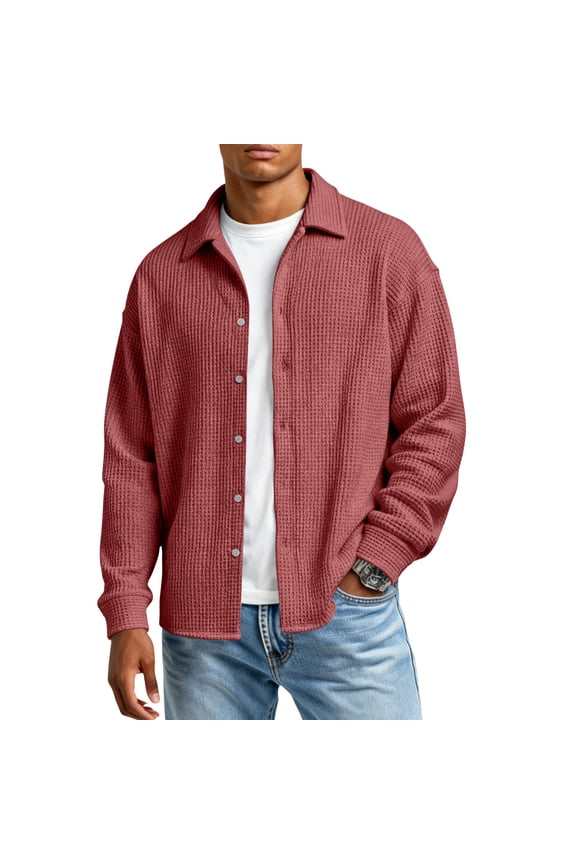 Men's Long Sleeve Button Down Shirt, Solid Classic Collared Top, Slim Fit Breathable Shirt, Ideal for Office & Semi-Formal Events Wine XL