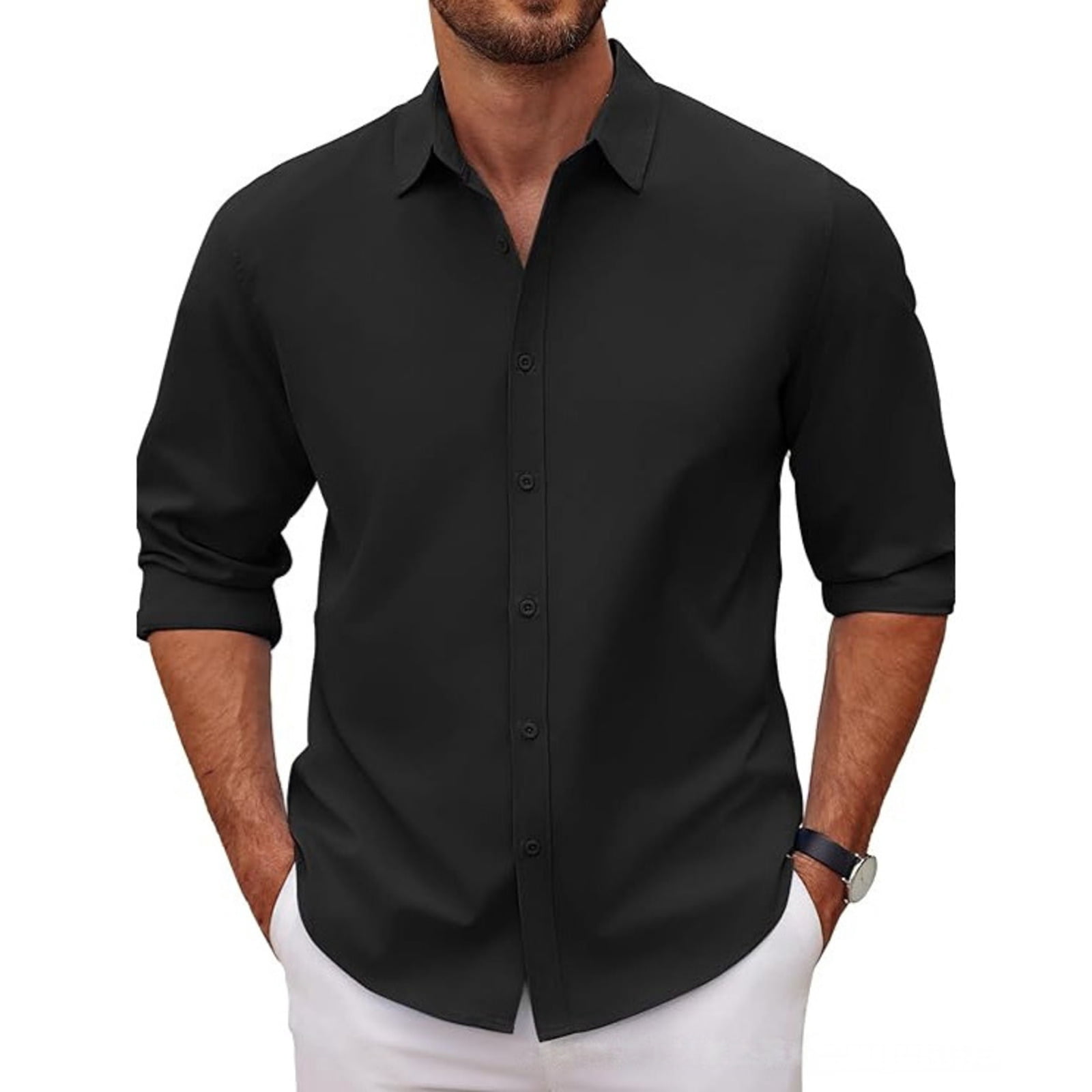LWaveletMen's Long Sleeve Button Down Shirt, Solid Textured Collared ...