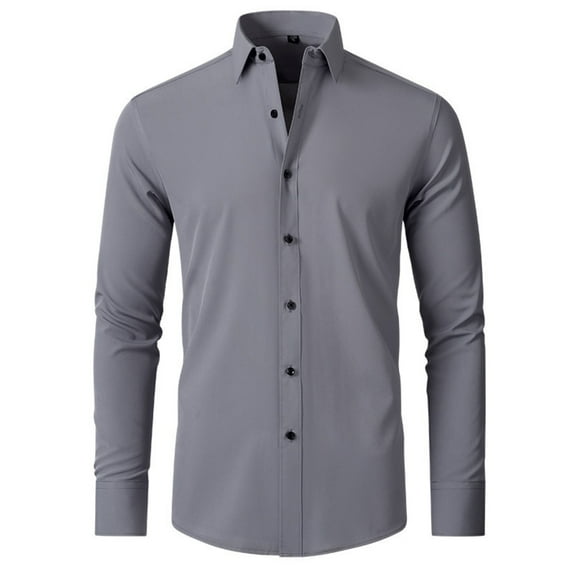 LWaveletMen's Long Sleeve Button Down Shirt, Solid Breathable Collared Shirt, Relaxed Fit Lightweight Top, Ideal for Year-Round & Daily Outings Gray L