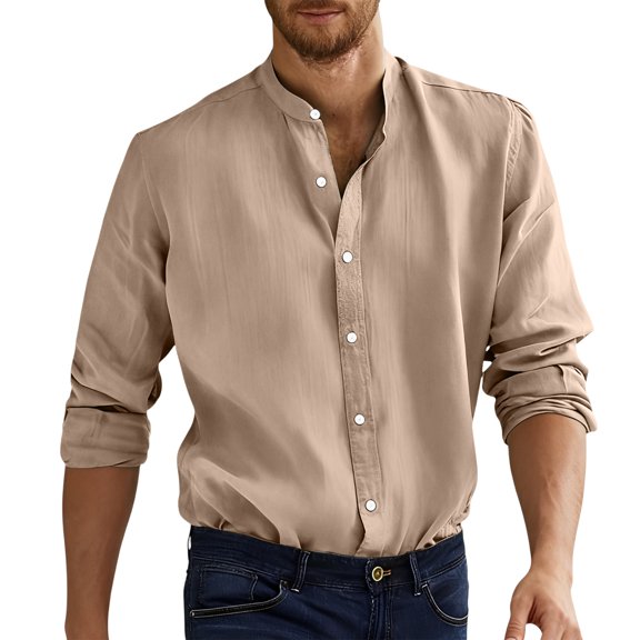 LWaveletMen's Long Sleeve Button Down Shirt, Solid Loose Fit Collared Shirt, Easy Care Top with Chest Pocket, Versatile for Casual & Lounge Wear Khaki XL