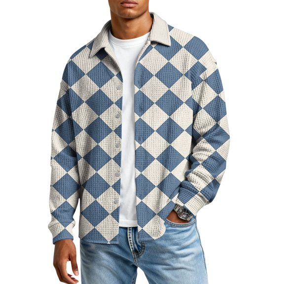 LWaveletMen's Long Sleeve Button Down Shirt, Textured Pattern Collared Shirt, Relaxed Fit Lightweight Top, Suitable for Casual Gatherings & Weekend Outings Light Blue L